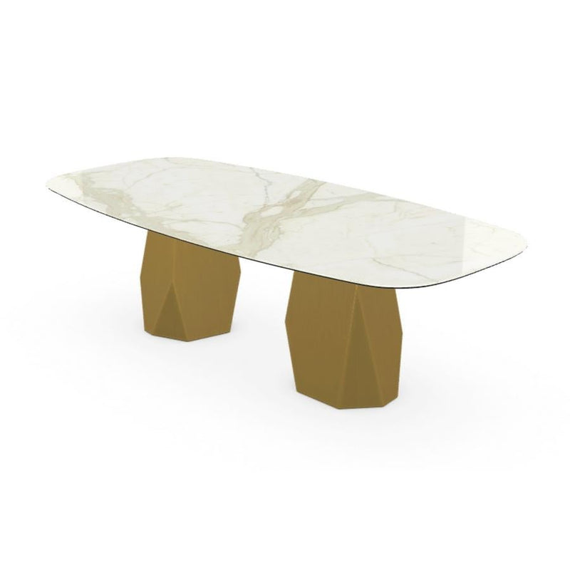 Menhir Two Bases, Dining Table with Calacatta Ceramic Top on Brass Base