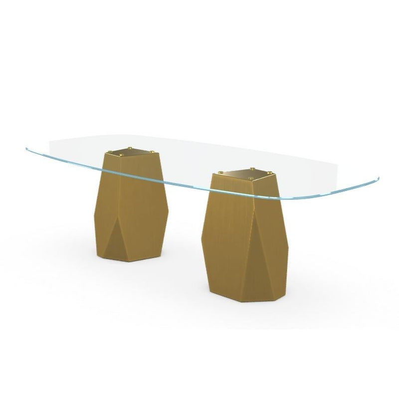 Menhir Two Bases, Dining Table with Clear Glass Top on Brass Base