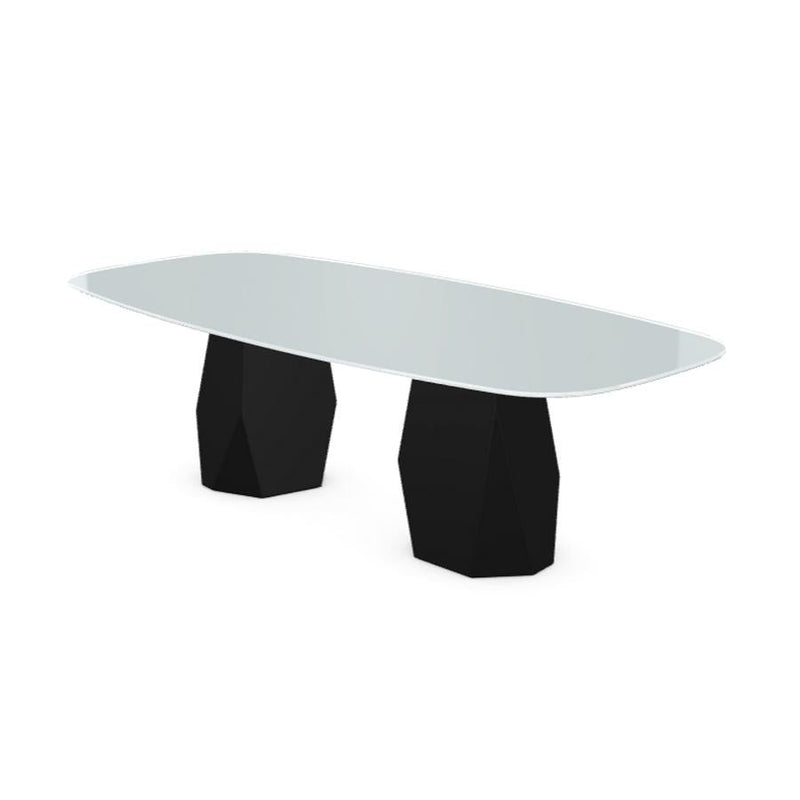 Menhir Two Bases, Dining Table with White Glass Top on Black Metal Base