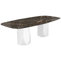 Menhir Two Bases, Dining Table with Emperador Ceramic Top on Metal Base