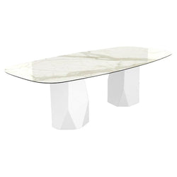 Menhir Two Bases, Dining Table with Calacatta Ceramic Top on Metal Base