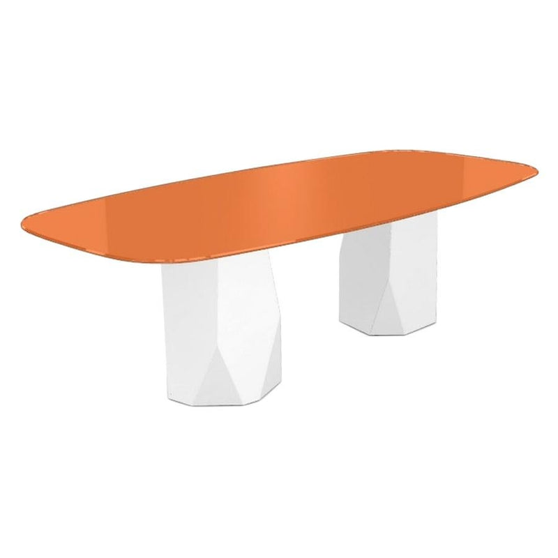 Menhir Two Bases, Dining Table with Orange Glass Top on Metal Base