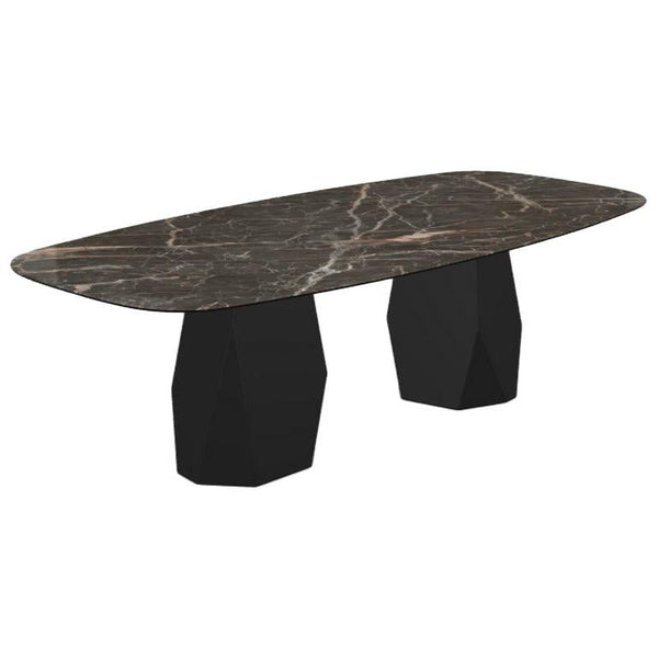 Menhir Two Bases, Dining Table with Emperador Ceramic Top on Black Metal Base