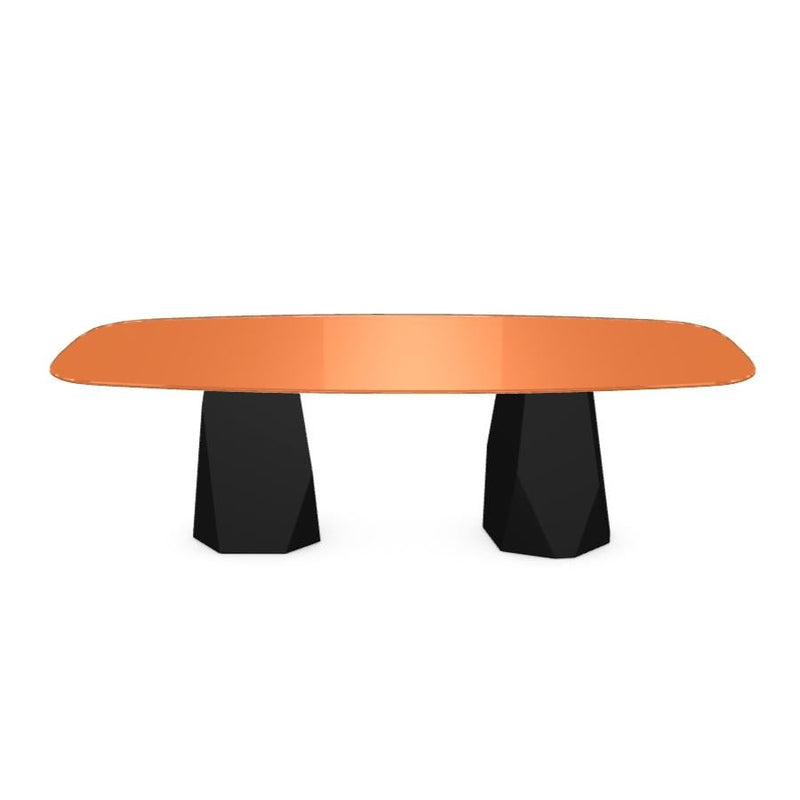 Menhir Two Bases, Dining Table with Orange Glass Top on Black Metal Base