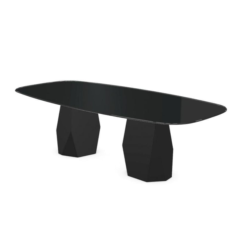 Menhir Two Bases, Dining Table with Black Glass Top on Black Metal Base