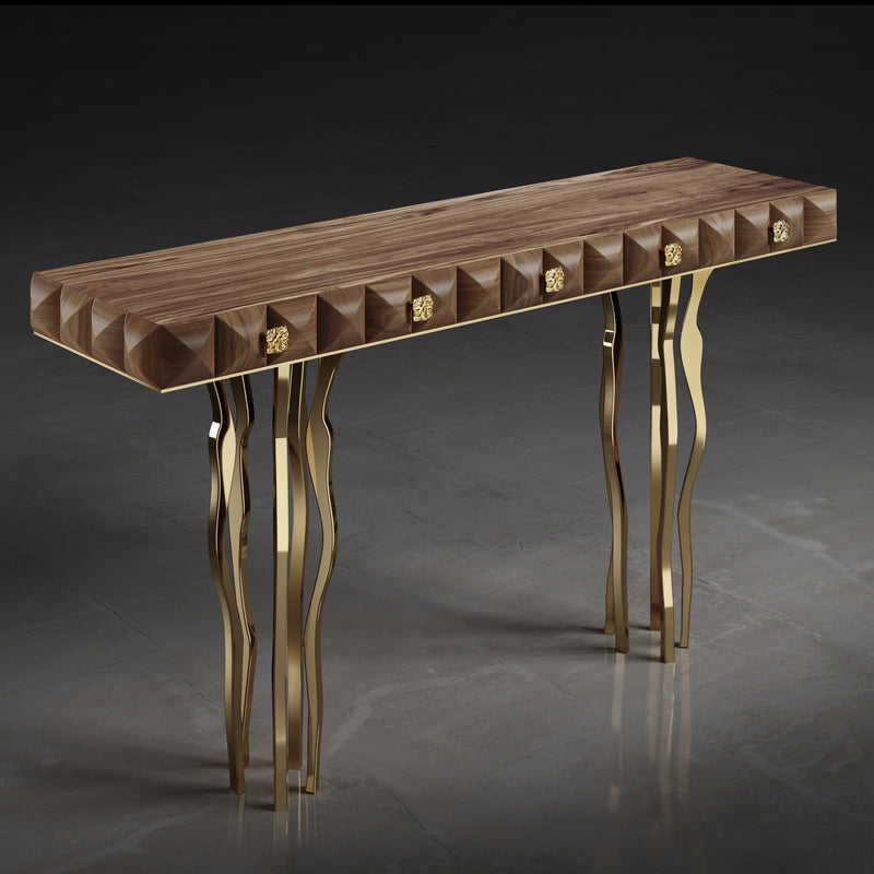 Walnut Console Table Gold-Plated Brass Legs Il Pezzo Mancante