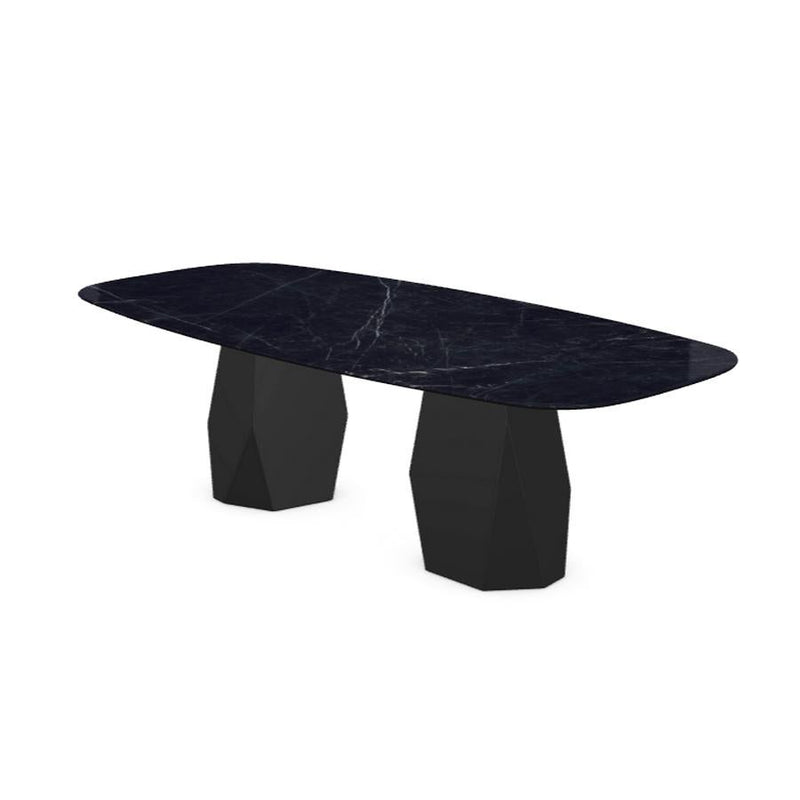 Menhir Two Bases, Dining Table Black Marquina Ceramic Top on Black Metal Base