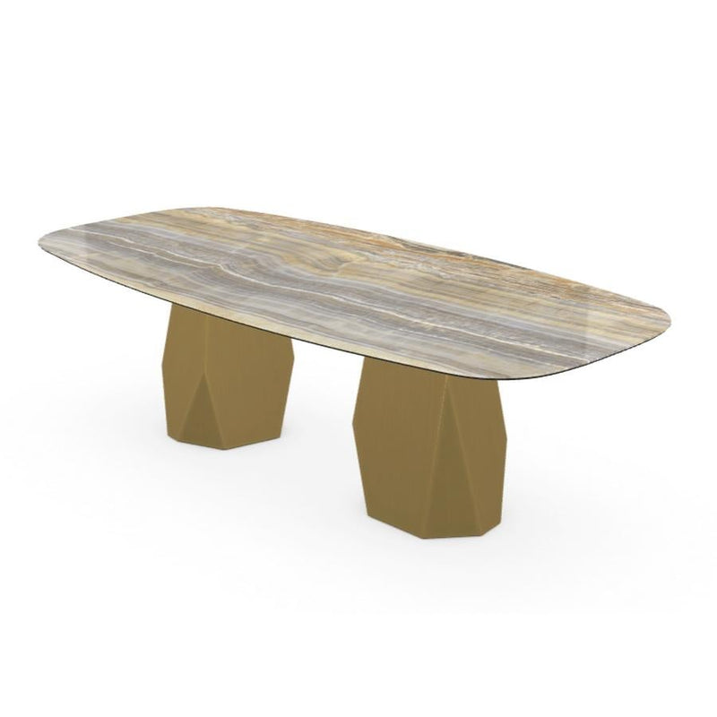 Menhir Two Bases, Dining Table with Emperador Ceramic Top on Brass Base