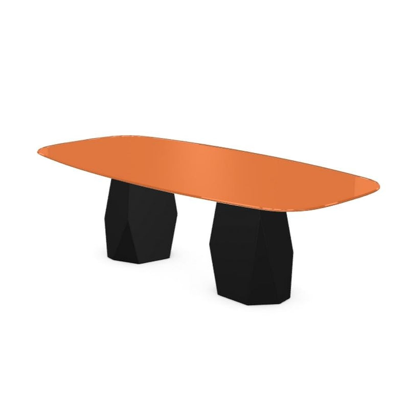 Menhir Two Bases, Dining Table with Orange Glass Top on Black Metal Base