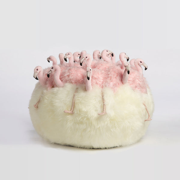 Flamingo Fluffy Ball Mini Pouf