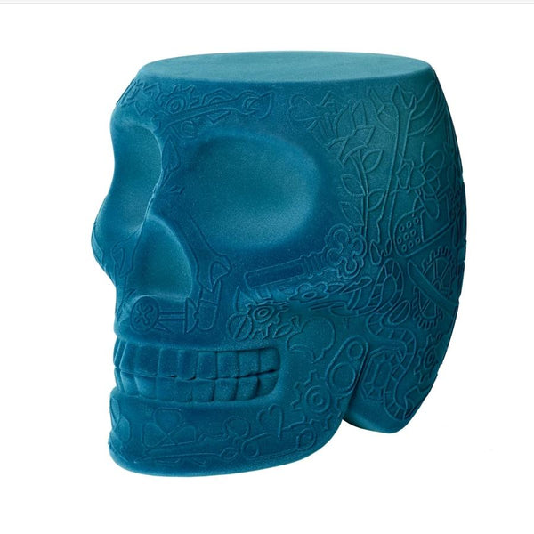 Mexico Blue Velvet Skull Stool/Side Table