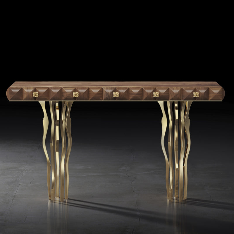 Walnut Console Table Gold-Plated Brass Legs Il Pezzo Mancante