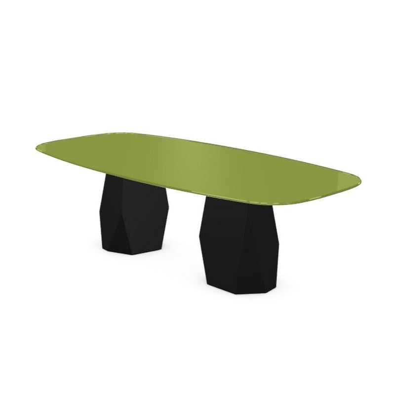 Menhir Two Bases, Dining Table with Green Glass Top on Black Metal Base