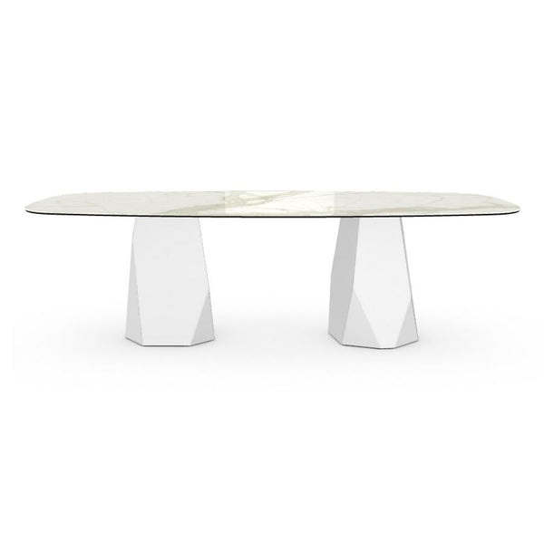 Menhir Two Bases, Dining Table with Calacatta Ceramic Top on Metal Base