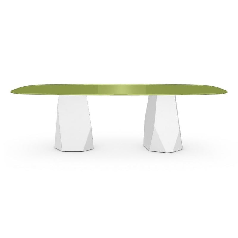 Menhir Two Bases, Dining Table with Green Glass Top on Metal Base