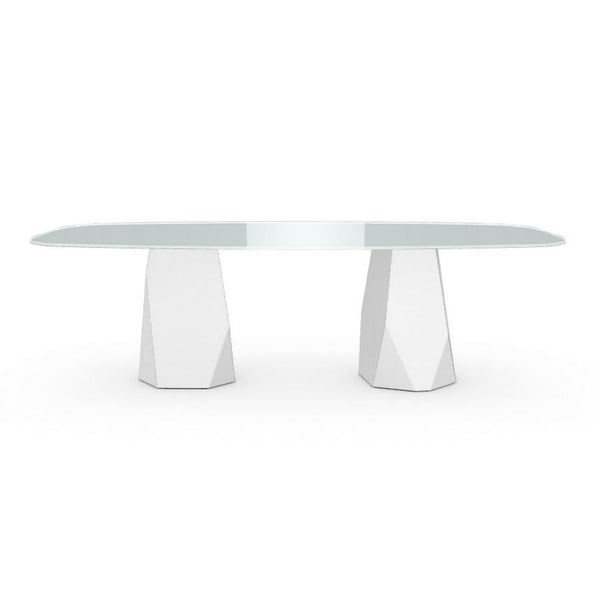 Menhir Two Bases, Dining Table with White Glass Top on Metal Base