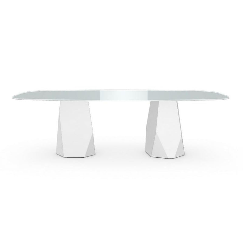 Menhir Two Bases, Dining Table with White Glass Top on Metal Base