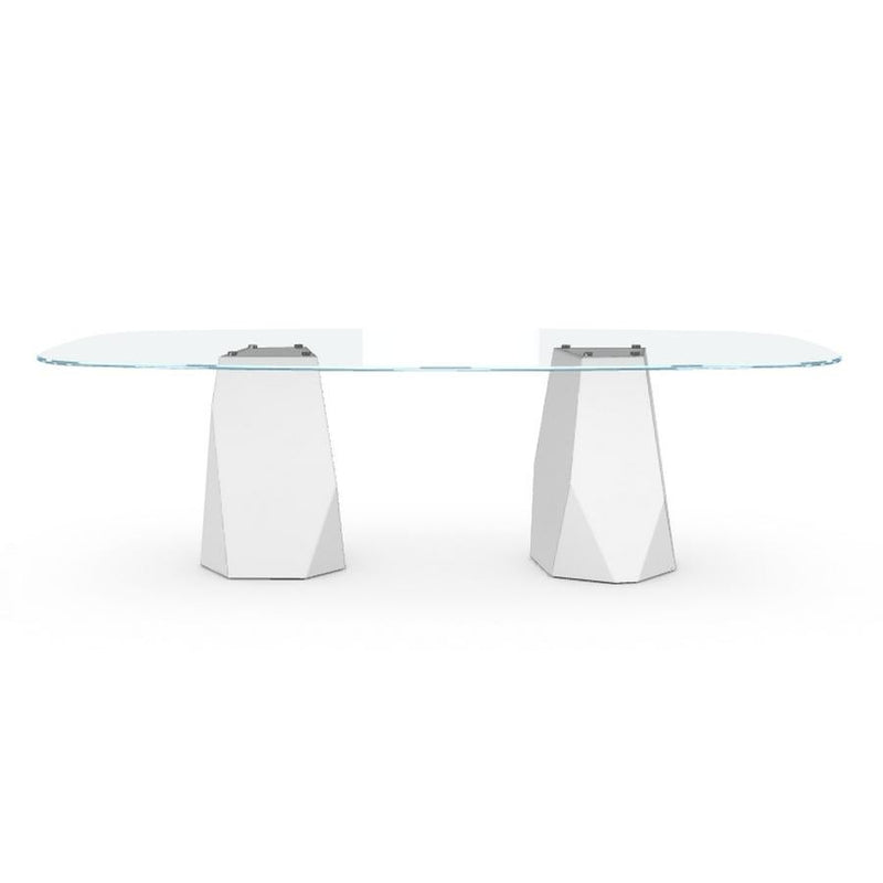 Menhir Two Bases, Dining Table with Clear Glass Top on Metal Base