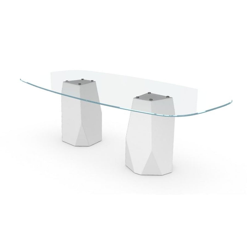 Menhir Two Bases, Dining Table with Clear Glass Top on Metal Base