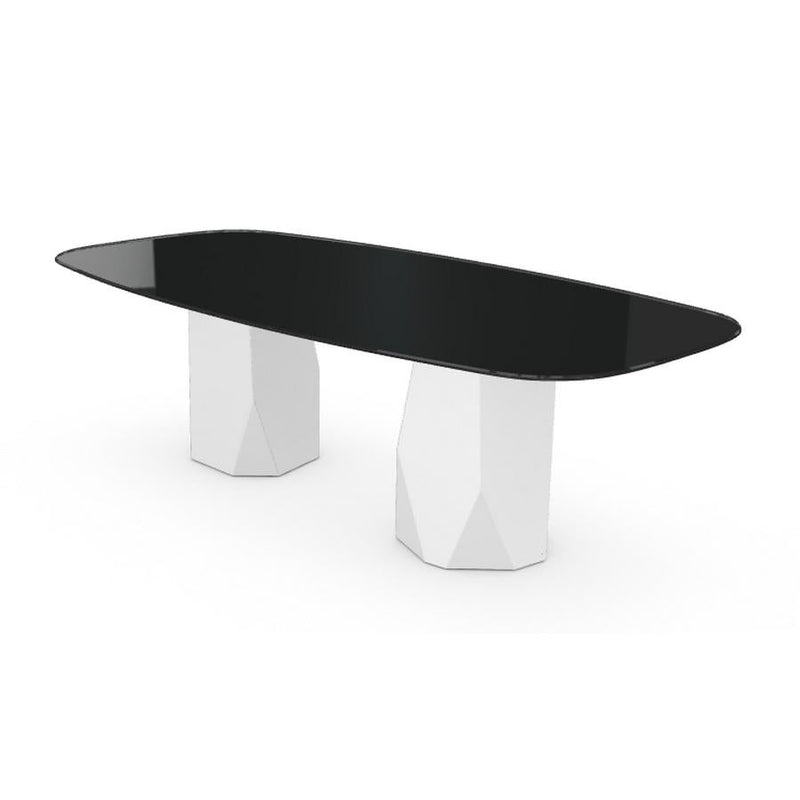 Menhir Two Bases, Dining Table with Black Glass Top on Metal Base