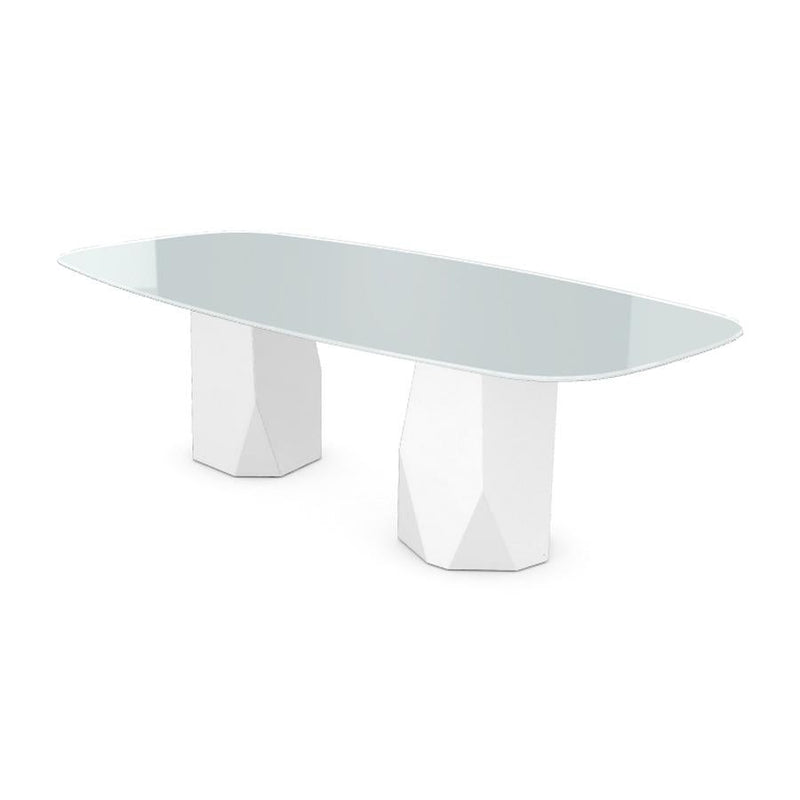 Menhir Two Bases, Dining Table with White Glass Top on Metal Base