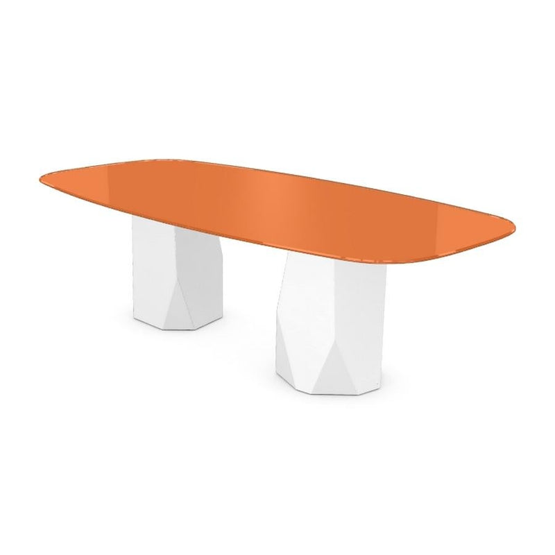 Menhir Two Bases, Dining Table with Orange Glass Top on Metal Base