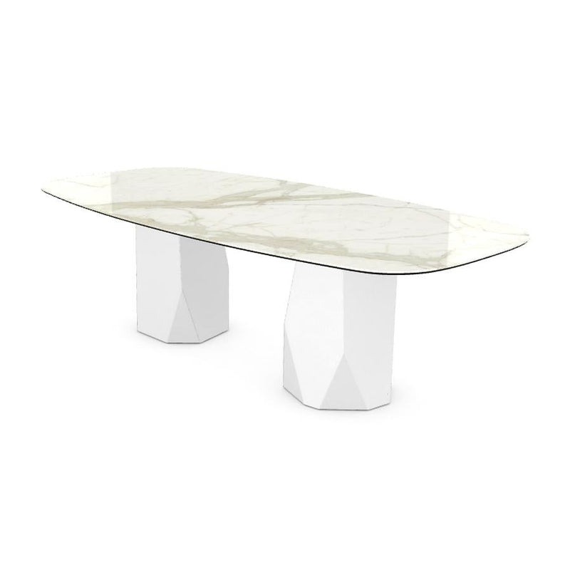 Menhir Two Bases, Dining Table with Calacatta Ceramic Top on Metal Base