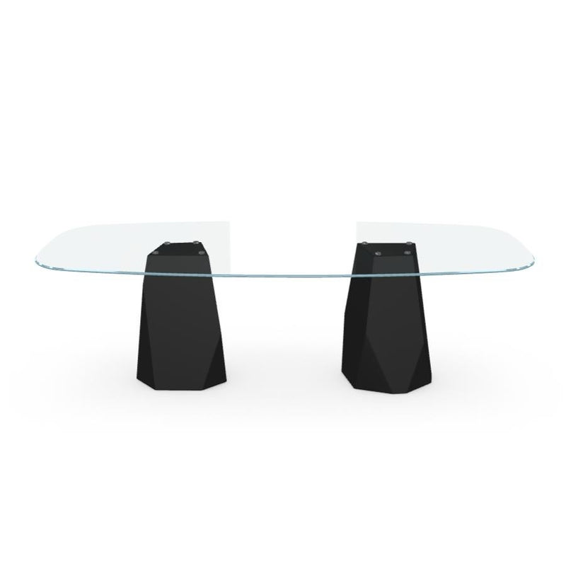 Menhir Two Bases, Dining Table with Clear Glass Top on Black Metal Base