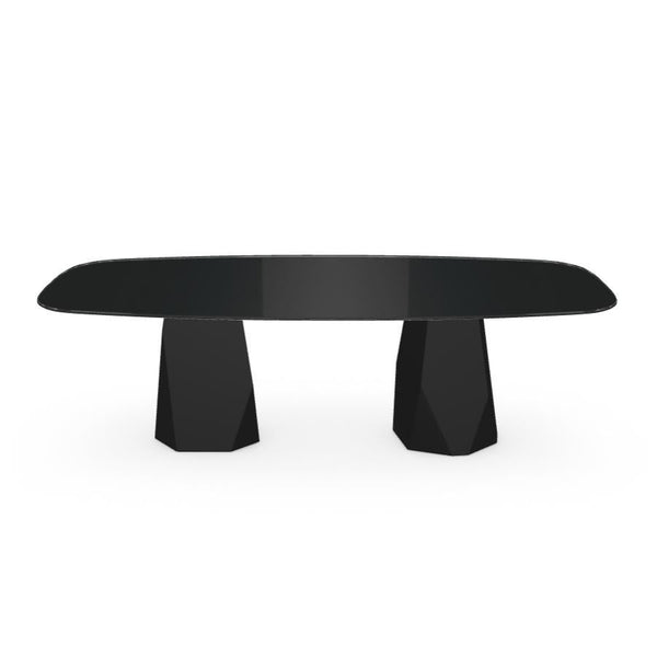 Menhir Two Bases, Dining Table with Black Glass Top on Black Metal Base