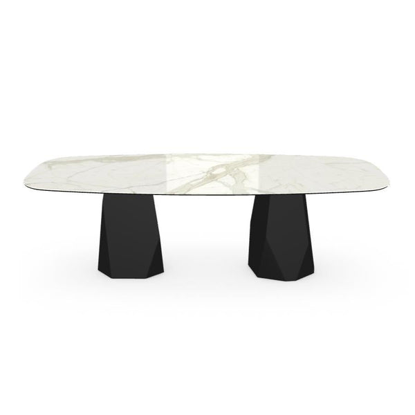 Menhir Two Bases, Dining Table with Calacatta Ceramic Top on Black Metal Base