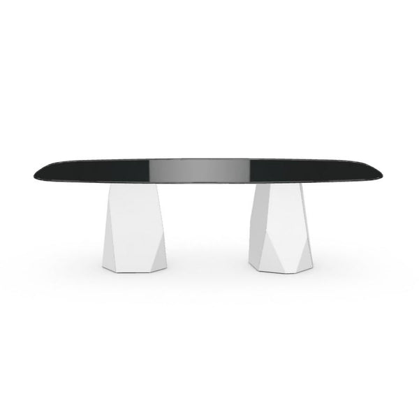 Menhir Two Bases, Dining Table with Black Glass Top on Metal Base