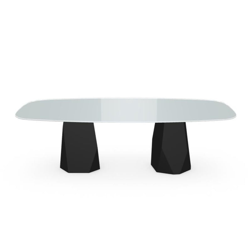 Menhir Two Bases, Dining Table with White Glass Top on Black Metal Base